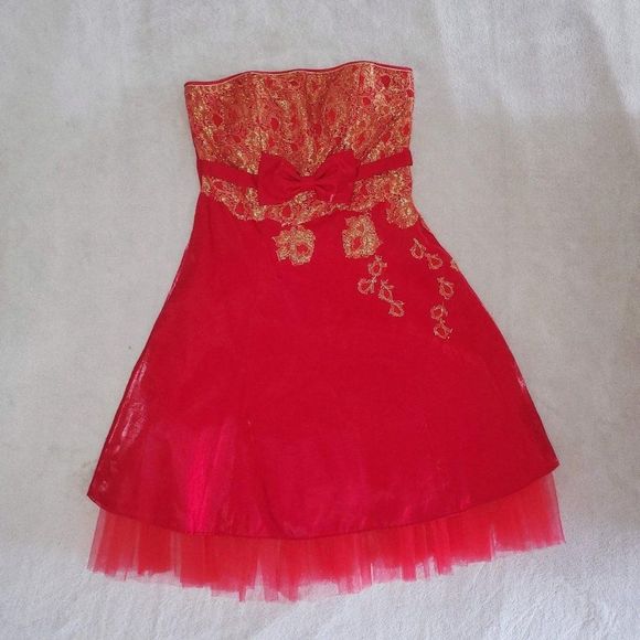 foral embroidery tutu puff a-line sleeveless strapless formal dress w/ bowtie - Picture 1 of 4